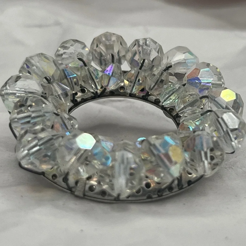 Aurora Borealis Crystal Brooch/Clip Earrings Set 1950s Sparkling Cluster Jewelry